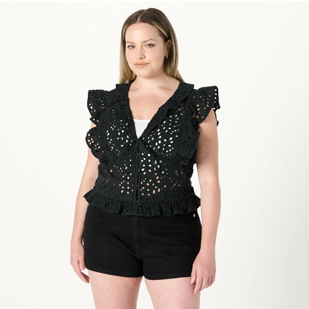 Chic Black Eyelet Ruffle Blouse